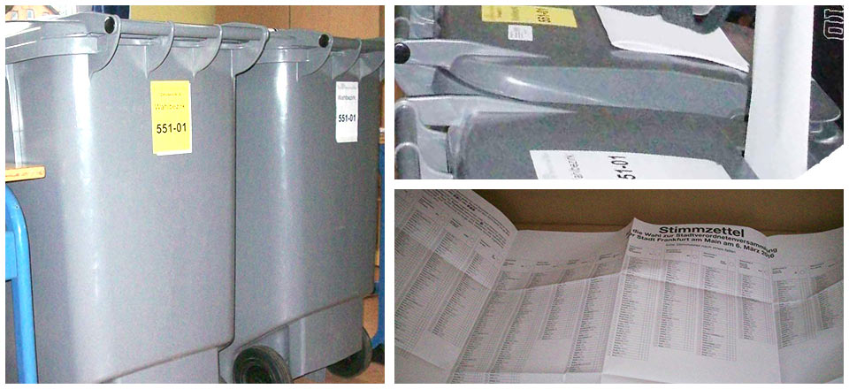 RSTKLTR_Wahlen-Hessen »Großmülltonnen« (so die Herstellerbezeichnung) bieten nicht nur viel Raum für Wahlzettel, sondern auch für missverständliche Analogien ©Fotos: mgzn rstkltr
